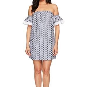 CeCe NWT Rosanna Embroidered Off Shoulder Dress Blue and White size 10